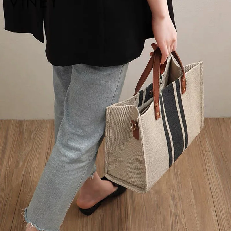 Women's Tote Vintage Stripe Bag Handheld High Capacity Canvas Luggage Outer Crossbody Messager Bag Business Casual Handbag